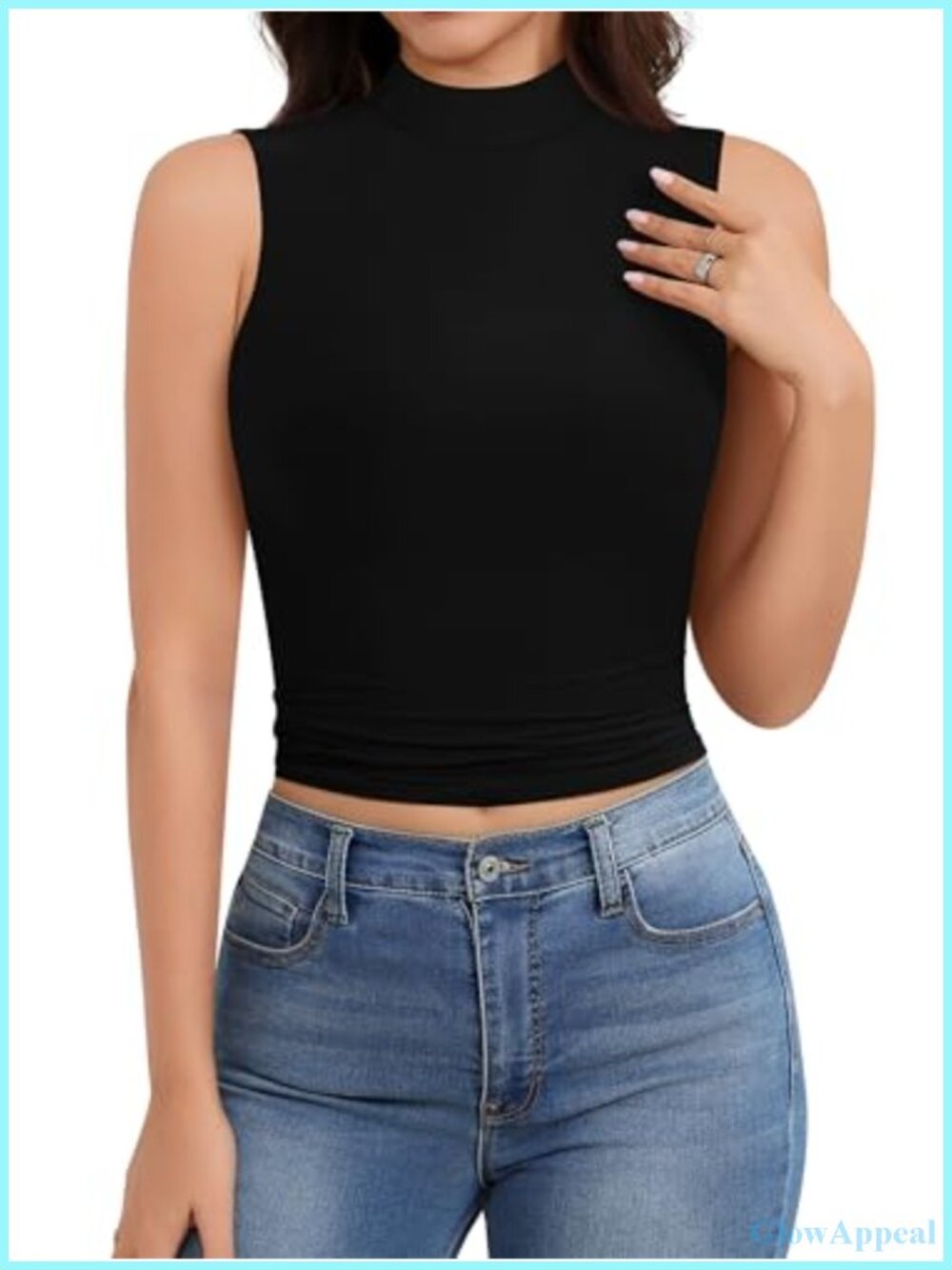 Mock Neck Sleeveless Crop Tank Top Slim Fit Double Lined